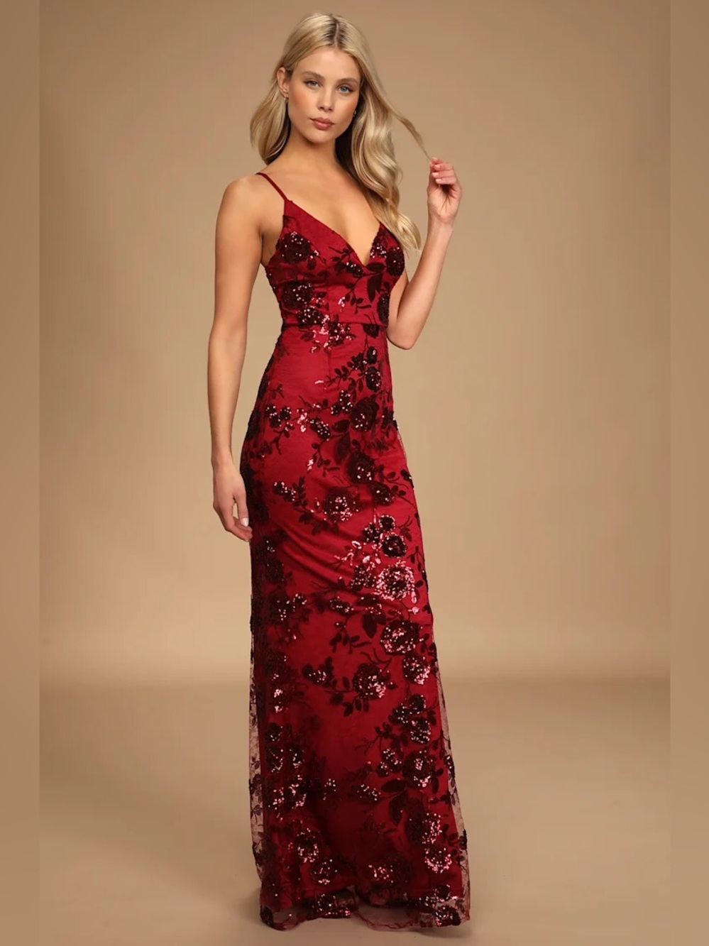 Lulus Mermaid Maxi Dress Floral Sequins Wine Red XS